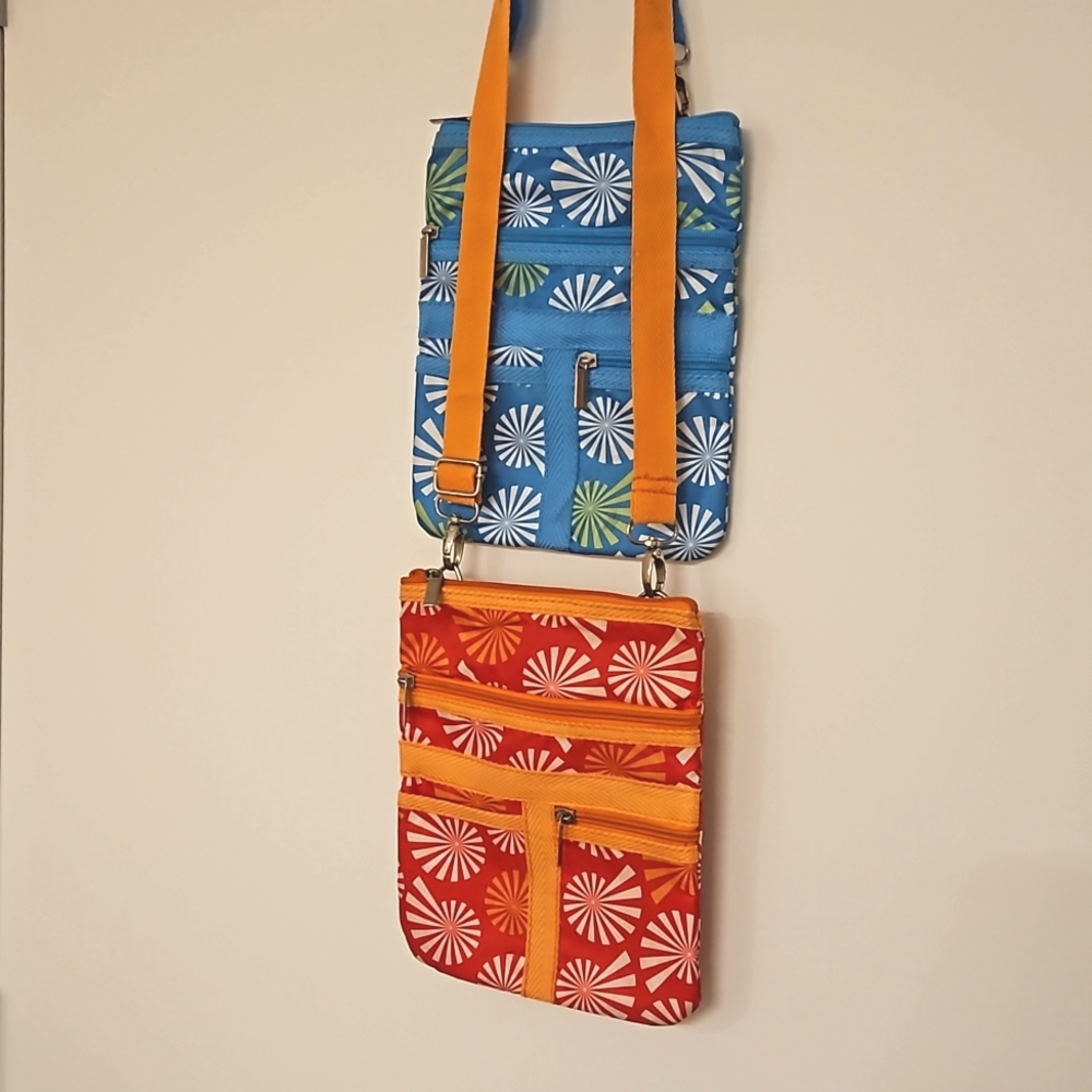 2 crossbody bags pink orange blue green pop art graphics Travel Beach Minimal
